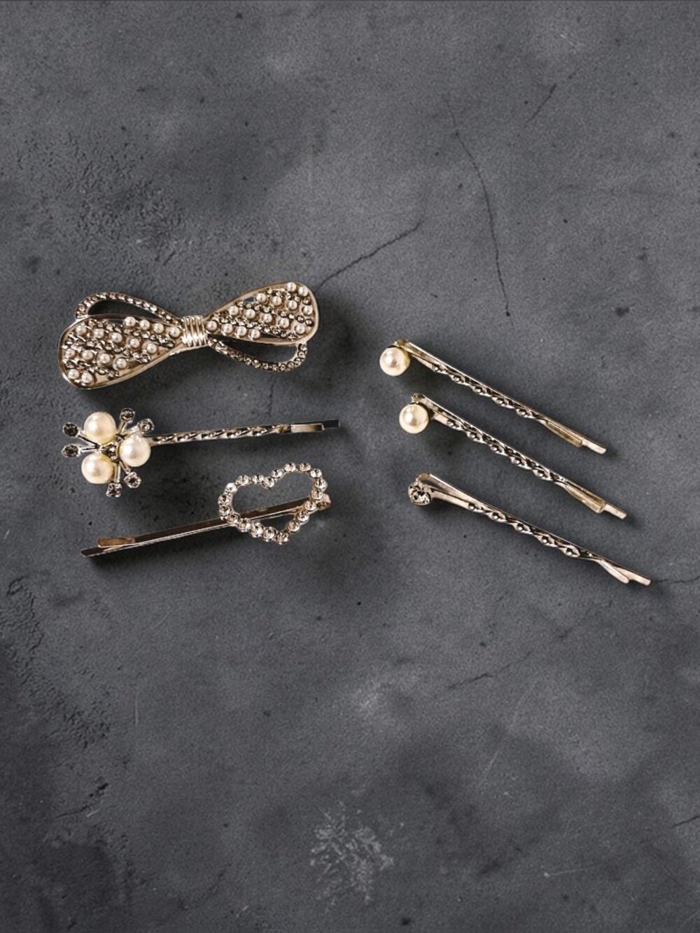 6 Pc Elegant Stylish Rhinestones & Pearls Silver Hair Accessories Bobby Pins